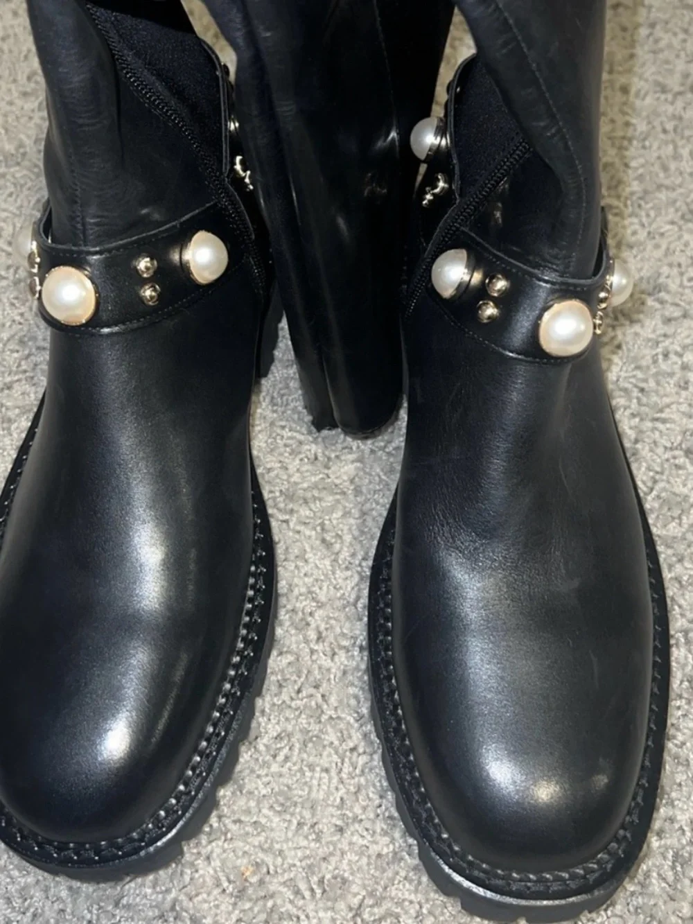 Bougie Black Pearl-Studded Karl Lagerfeld Leather Knee-High Combat Boots - NEW 8